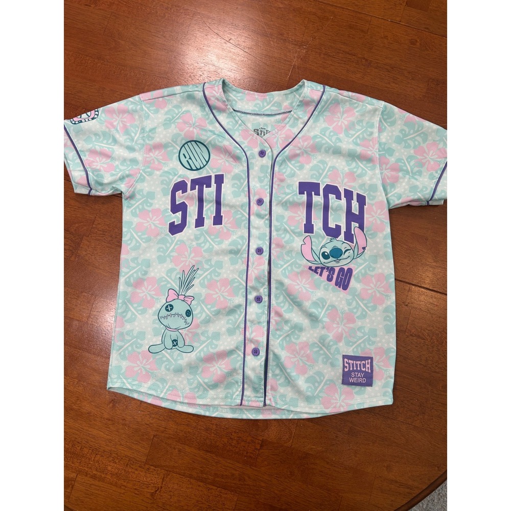 Disney Stitch Baseball Jersey Girls Large Mint Floral Ohana 626 Button Up Top